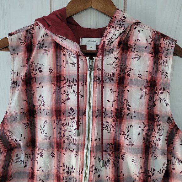 CJ Banks Red Plaid Zip Front Hooded Vest, Women’s 1X, Floral, Fall, Holiday, EUC - Picture 2 of 7